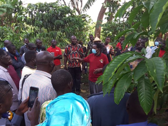 Brig Acoka addressing farmers during coffee field day in Guruguru Sub County